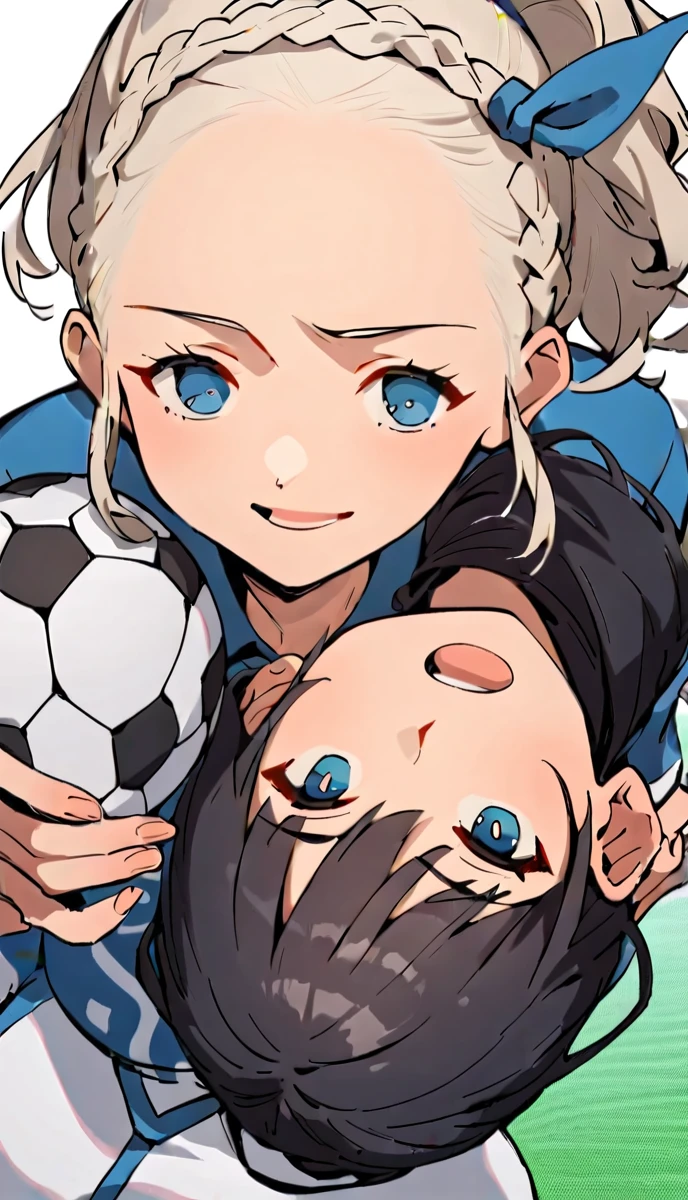 (anime,2D)Women,soccer player,black fur,wide,fringe,collected in a ponytail,clear skin,Light blue eyes,France national team clothing, In a soccer field.