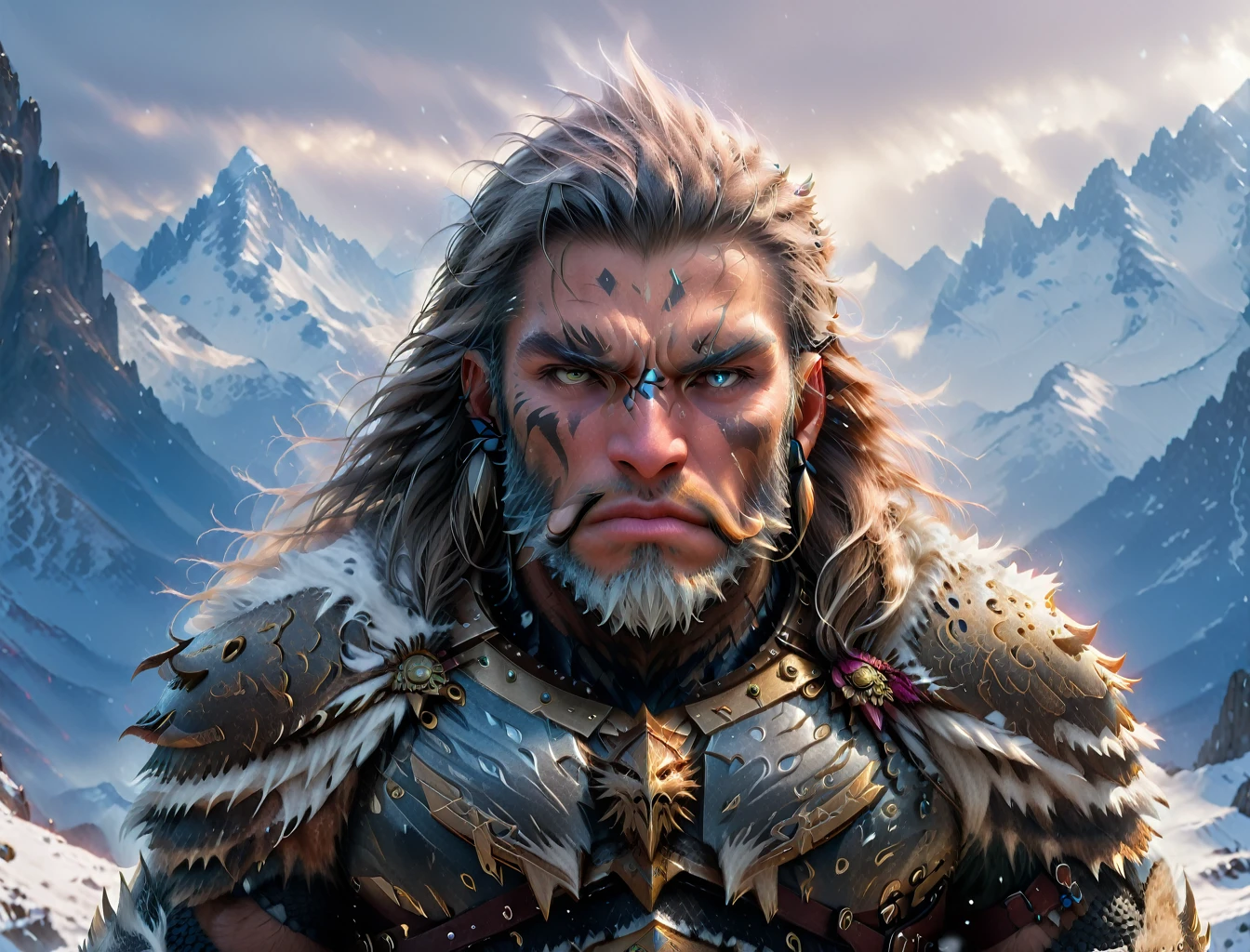 a mammoth anthropomorphic humanoid warrior, highly detailed face and body, intricate armor with icy spikes, standing tall on a snowy mountain peak, dramatic lighting, epic fantasy, cinematic composition, muted color palette, grim expression, intimidating presence, (best quality,8k,highres,masterpiece:1.2),ultra-detailed,(realistic,photorealistic,photo-realistic:1.37),cinematic lighting,dramatic atmosphere,epic fantasy,muted color palette,detailed facial features,intricate armor,icy spikes,snowy mountain backdrop