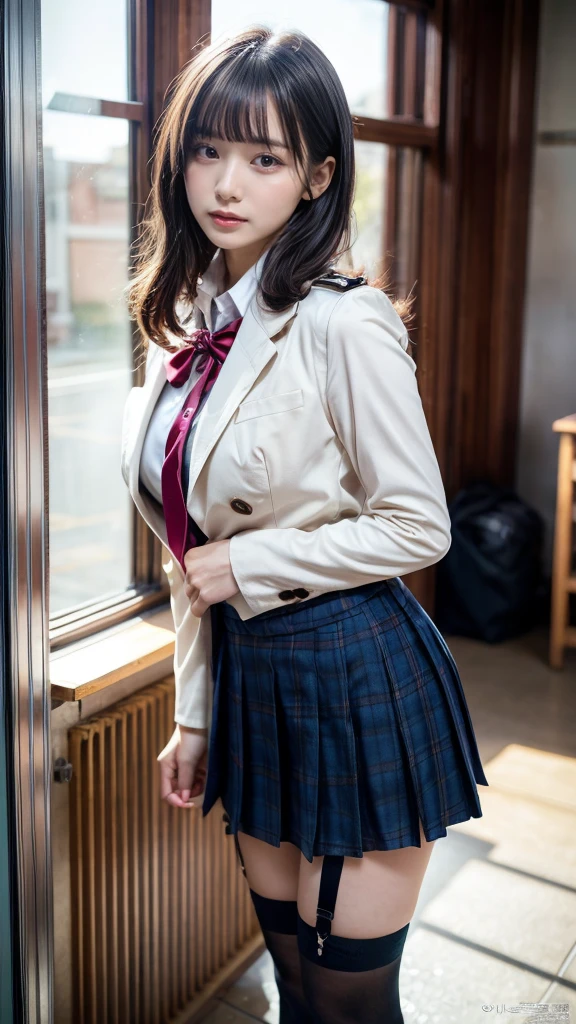 (8K, RAW Photos, Highest quality, masterpiece:1.2), (professional photography, full colors, studio-caliber color grading), (Gravure quality for high-end fashion magazines), (Details High quality, realistic depiction of eyes:1.3), from side, High School Classroom、High school girl uniform、blazer 、Super Short Check Uniform Skirt、Navy blue high socks、garterbelts、Colossal tits、Disturbed uniform,  short hair, (wavy hair:1.2), short bob hair, black hair color, large breasts, Big Natural Color Lip, bold sexy pose, (perfect body shape), crying a little、cold gaze, Harajuku style、20 year old girl、cute type, beautiful legs, hposing Gravure Idol, Voluptuous thighs