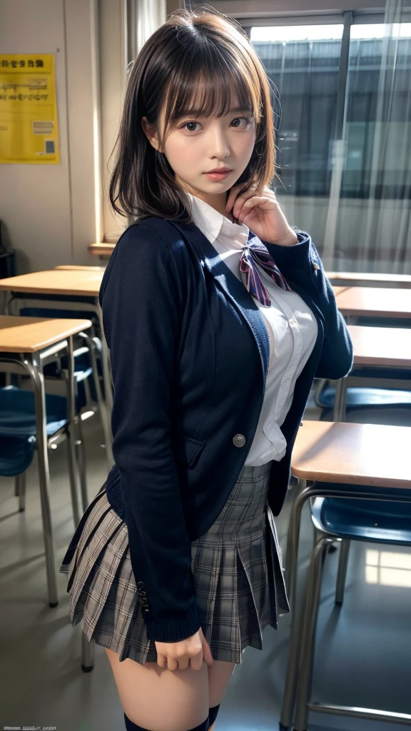 (8K, RAW Photos, Highest quality, masterpiece:1.2), (professional photography, full colors, studio-caliber color grading), (Gravure quality for high-end fashion magazines), (Details High quality, realistic depiction of eyes:1.3), from side, High School Classroom、High school girl uniform、blazer 、Super Short Check Uniform Skirt、Navy blue high socks、garterbelts、Colossal tits、Disturbed uniform, short hair, (wavy hair:1.2), short bob hair, black hair color, large breasts, Big Natural Color Lip, bold sexy pose, (perfect body shape), crying a little、cold gaze, Harajuku style、20 year old girl、cute type, beautiful legs, hposing Gravure Idol, Voluptuous thighs