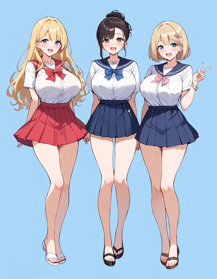 masterpiece, best quality, simple background, random hairstyle, large breasts, summer, 3 girls, full body, skirt,