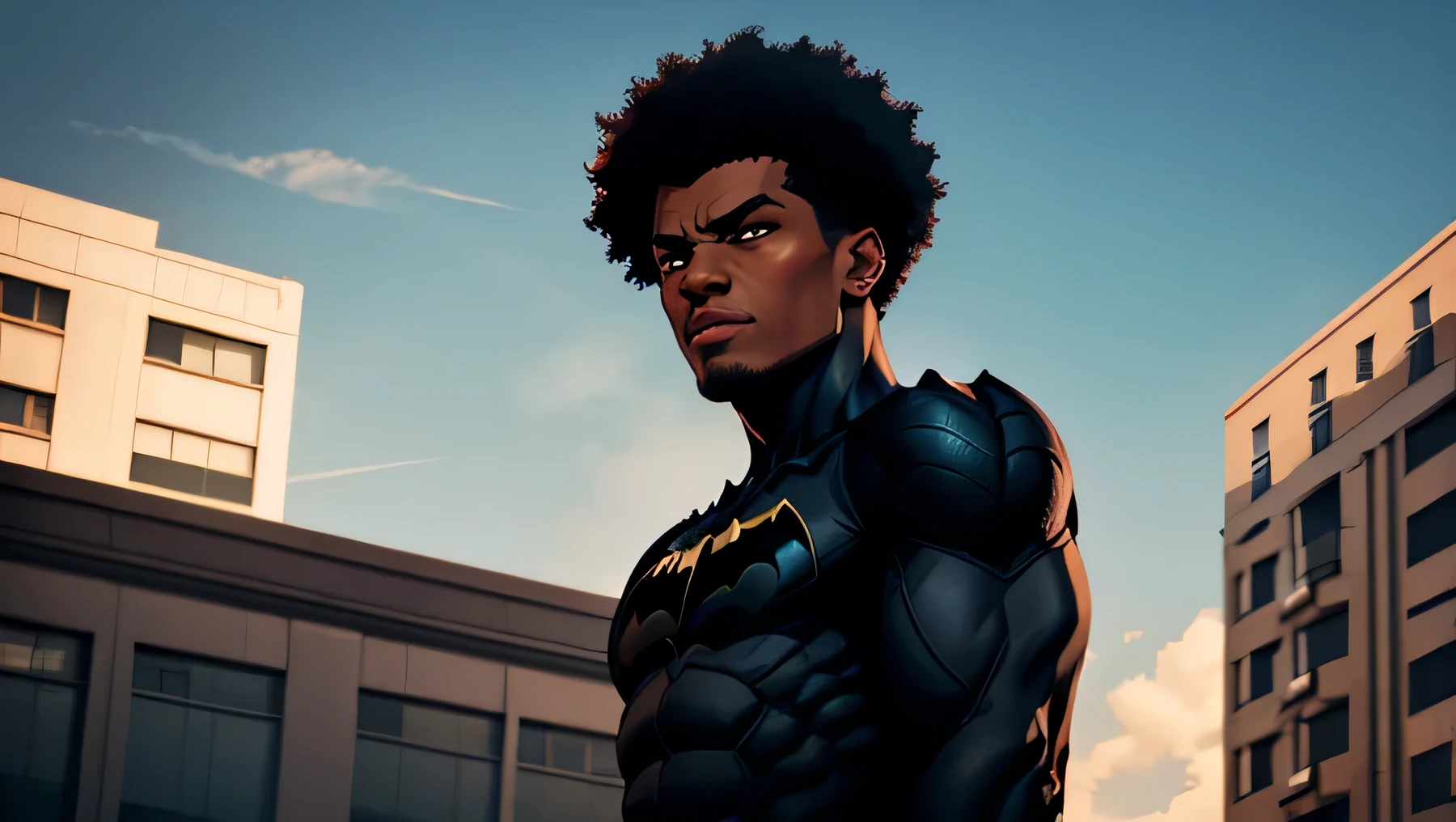 Black Batman without mask, short afro hair, on top of a building, background red