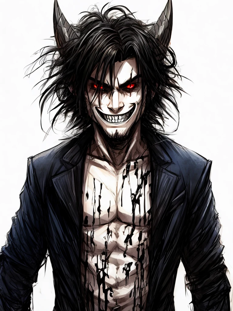 A psychopath with an evil smile. Messy hair.