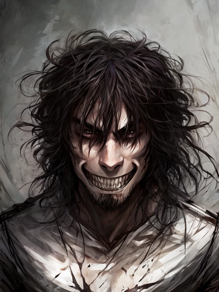 A psychopath with an evil smile. Messy hair.