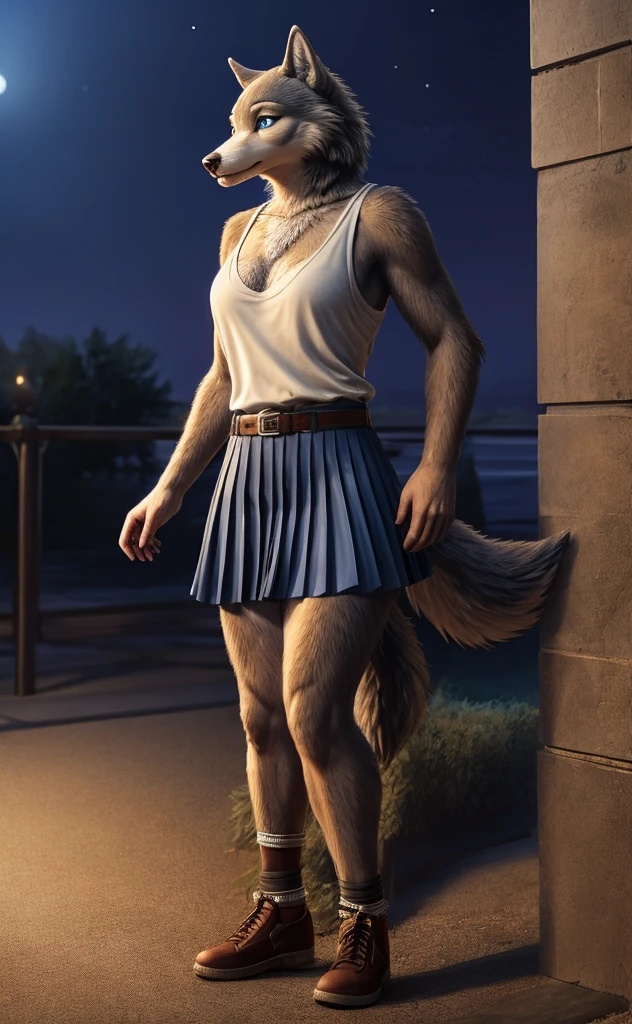Juno is a gray wolf with curled brown fur and blue eyes. She is wearing her a long pleated white skirt decorated with two light blue horizontal lines near the hem, a thin tan belt, white anklet socks, and black Mary Jane shoes. anthro wolf, female, adult, brown fur, buffed body, tail, sexy, beefy body, furred body, furry chest hair, realistic, full body, photorealistic, ultra realistic, 8k, night, bare-chested