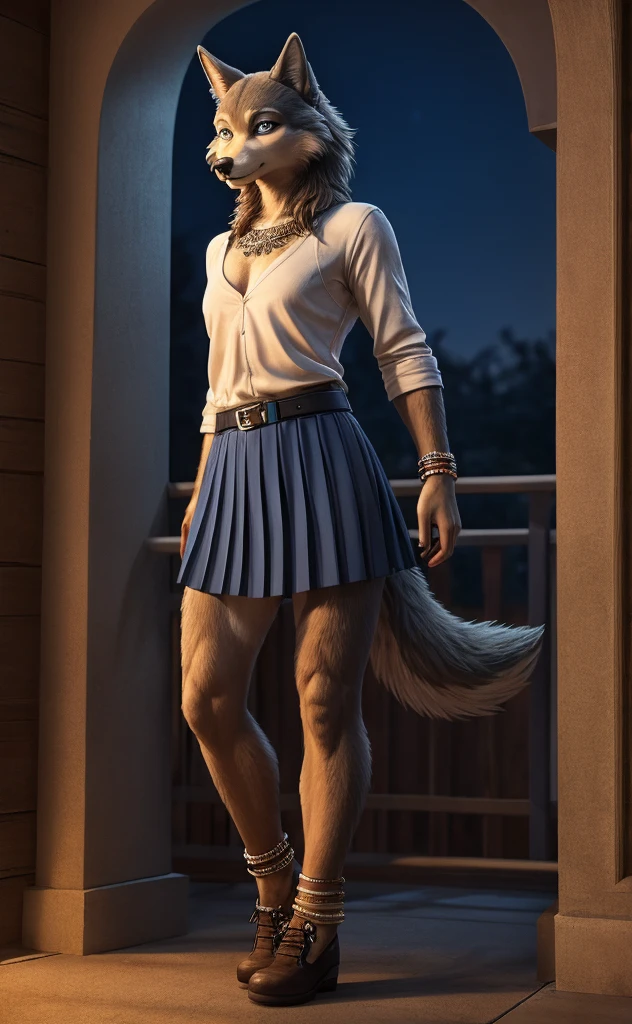 Juno is a gray wolf with curled brown fur and blue eyes. She is wearing her a long pleated white skirt decorated with two light blue horizontal lines near the hem, a thin tan belt, white anklet socks, and black Mary Jane shoes. anthro wolf, female, adult, brown fur, buffed body, tail, sexy, beefy body, furred body, furry chest hair, realistic, full body, photorealistic, ultra realistic, 8k, night, bare-chested