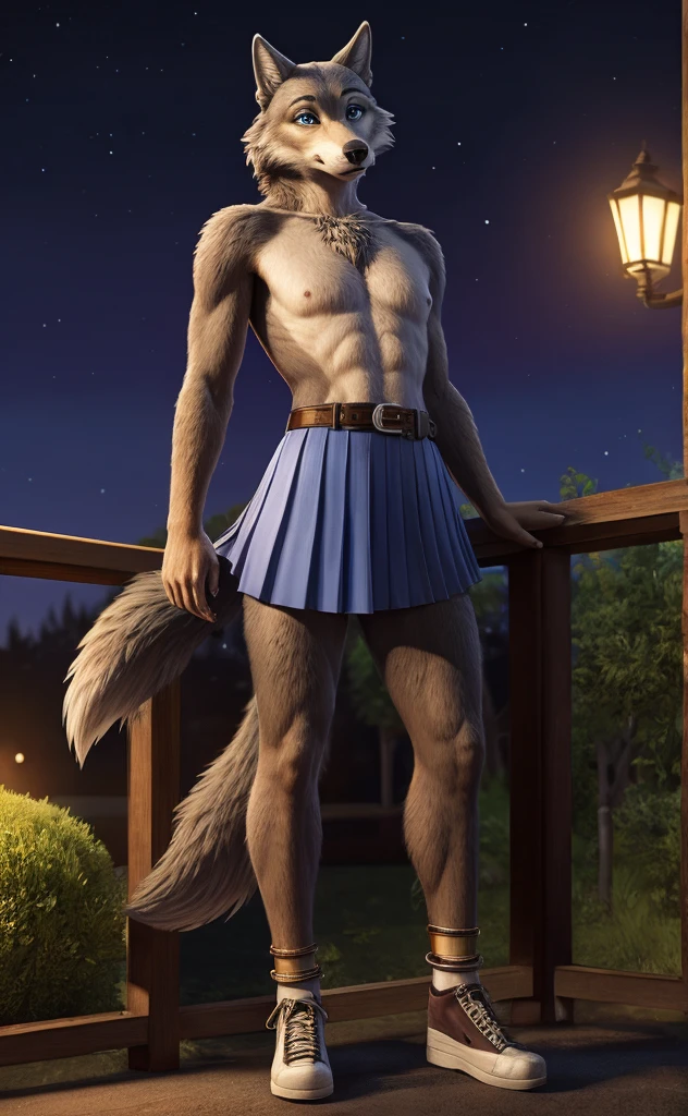 Juno is a gray wolf with curled brown fur and blue eyes. She is wearing her a long pleated white skirt decorated with two light blue horizontal lines near the hem, a thin tan belt, white anklet socks, and black Mary Jane shoes. anthro wolf, female, adult, brown fur, buffed body, tail, sexy, beefy body, furred body, furry chest hair, realistic, full body, photorealistic, ultra realistic, 8k, night, bare-chested