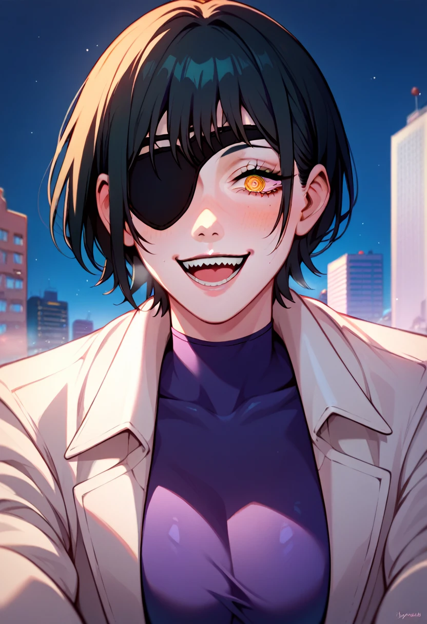 mature female, mature, Adult, Hymen, Hymen(Chainsaw Man), One girl, Black Hair, short hair, Eye patch, Hymen(Chainsaw Man), alone, Captivating smile, Wicked Smile, Excited, In the heat, Browsing Caution, villain, Open Court, Purple latex leotard worn under a trench coat, Light green pantyhose, chest, View your viewers, night town, city, Skyscraper, night, dark, Elevation, A unique perspective, Unique angle, masterpiece, Best animation quality，Best image quality,