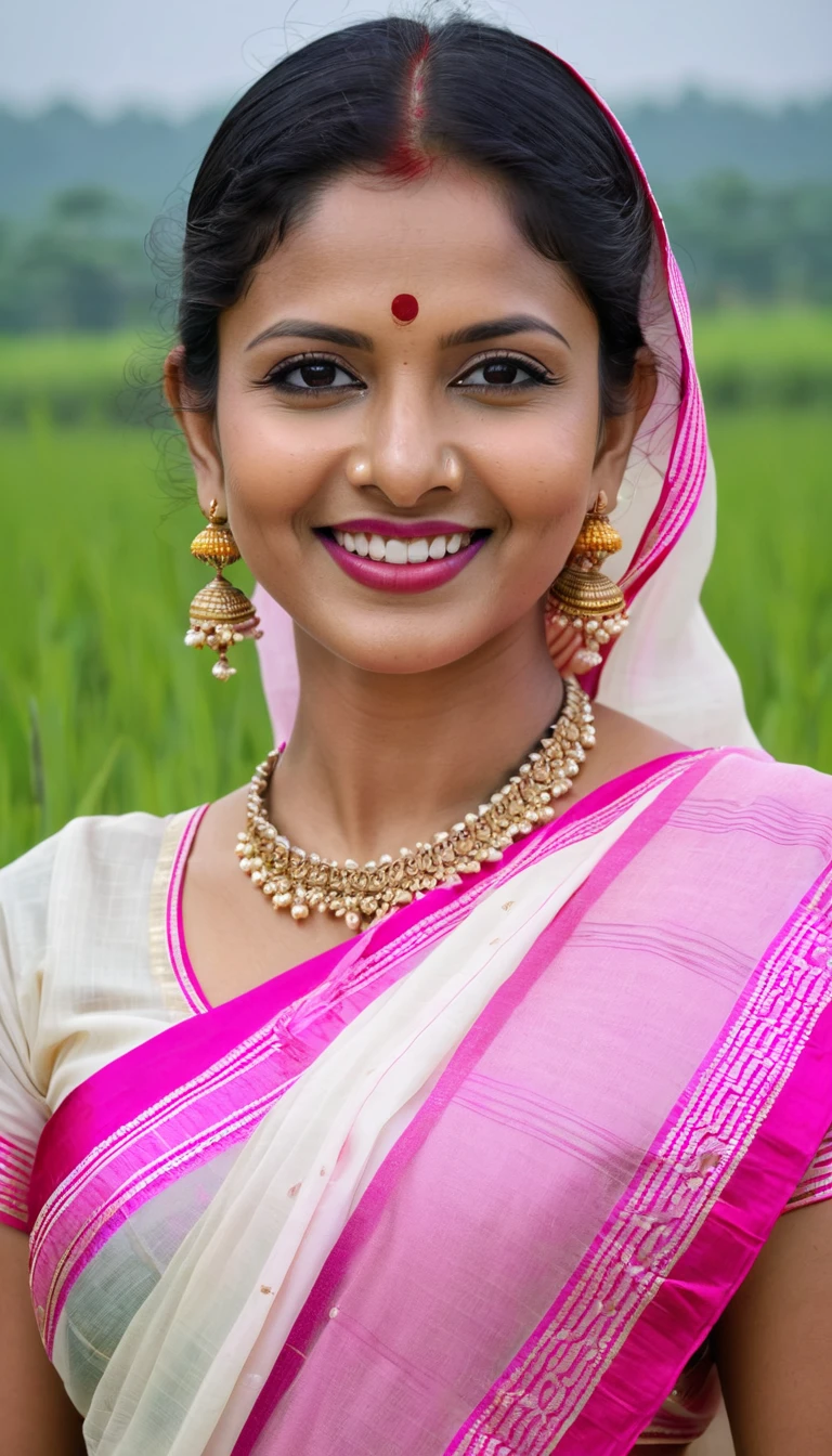 smiling woman in a pink and white sari standing in a field, dressed in a sari, wearing a sari, closeup portrait shot, wearing bihu dress mekhela sador, photo taken with canon 5d, shot with premium dslr camera, mid-shot portrait of a beautiful, mid shot portrait, portait image, with lovely look, joyful look, nude breast
