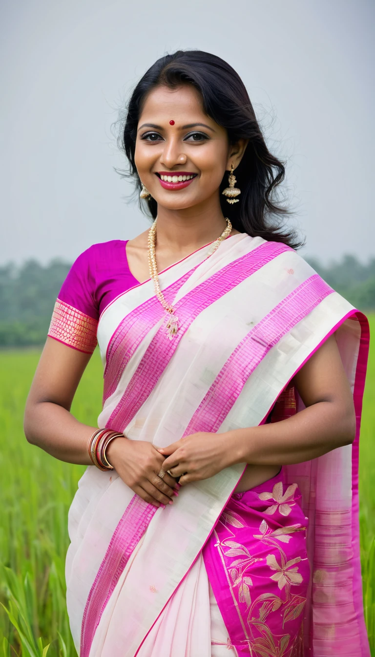 smiling woman in a pink and white sari standing in a field, dressed in a sari, wearing a sari, closeup portrait shot, wearing bihu dress mekhela sador, photo taken with canon 5d, shot with premium dslr camera, mid-shot portrait of a beautiful, mid shot portrait, portait image, with lovely look, joyful look, nude breast