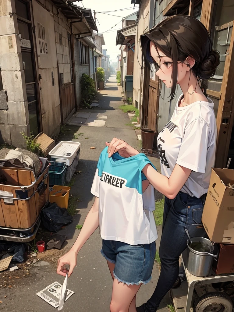 Sexy mother 45 years old, t-shirts, outside, post apocalypse scene, scavenger