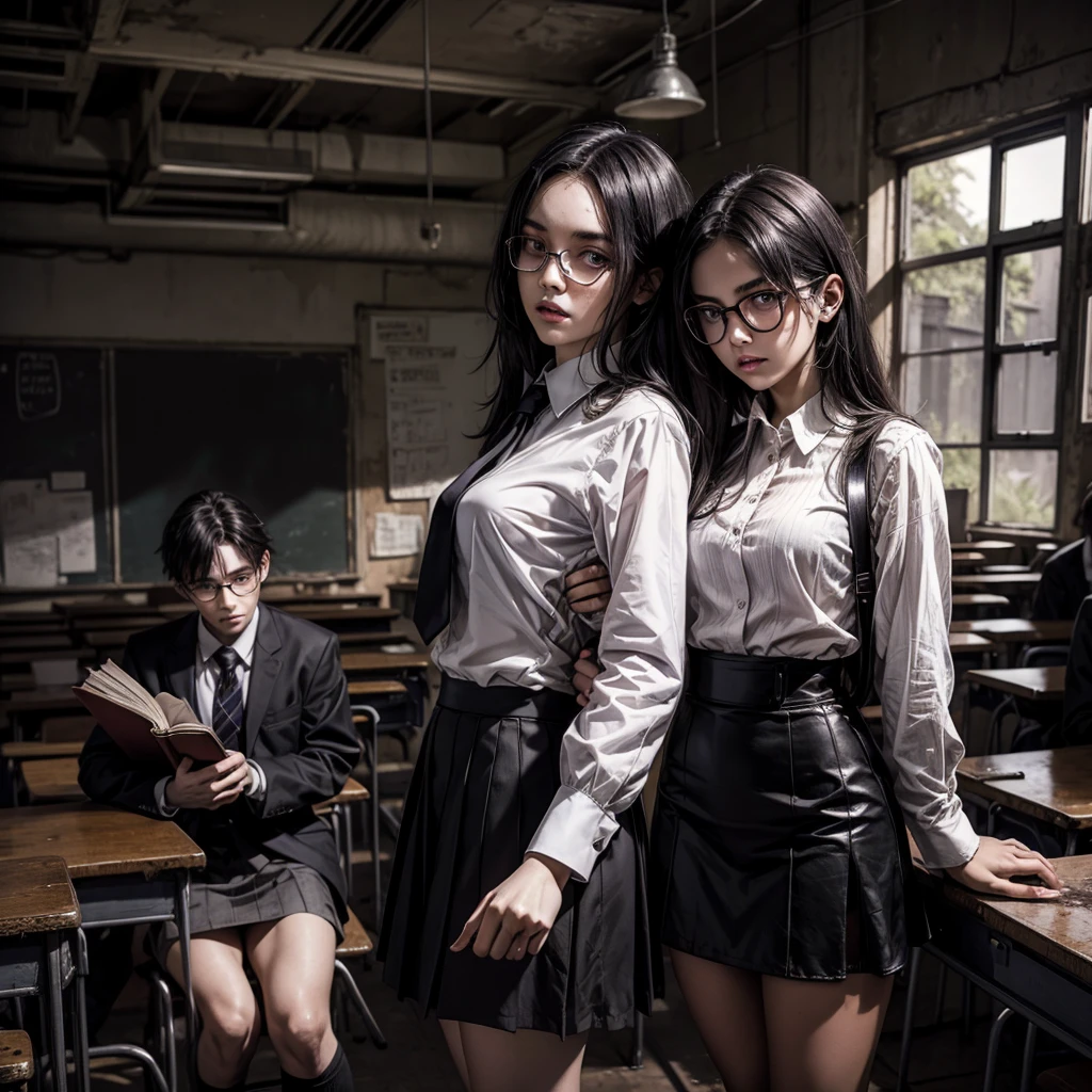 A gloomy and dilapidated school class with undead-looking male and female pupils, at the back of the class a demonic teacher with glasses and dressed in a white blouse and a black miniskirt