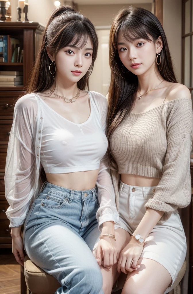 practicalphotography,22 years old,portrait,full Body,Korean,(stand、Mature:1.3),2 girl,beautiful girl,arrogant,(necklace、earrings、bracelet:1.1),(Environmental details:1.3),(Original image、CG Unity、photography、Ultra-practical details、Clear focus、Delicate skin、4K、high resolution、masterpiece、Best quality、practical、Energetic:1.2),(8K、4K、Ultra-high quality、high resolution、major、ish、dramatic),Detailed home background