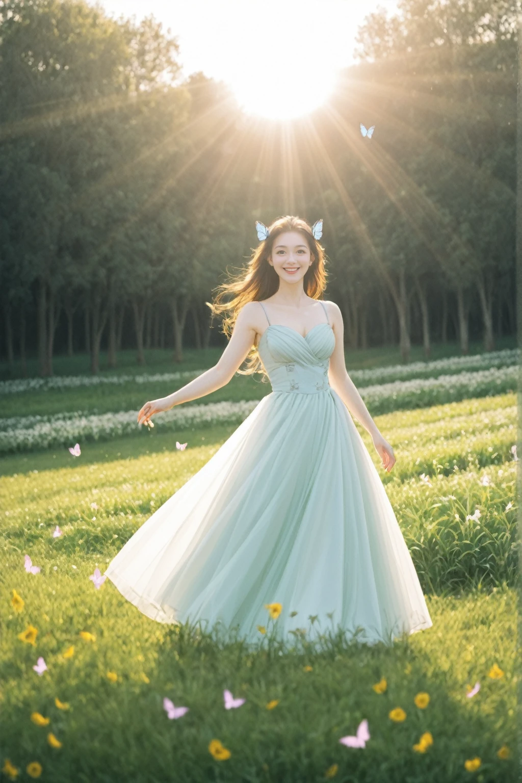 In this masterpiece of the highest quality, captured in 8K ultra-high resolution, the scene unfolds on a green meadow. A gentle goddess steps gracefully onto the scene, her upper body captured in a dynamic pose, radiating an ethereal beauty. She is adorned in a flowing white dress, which dances lightly in the gentle breeze.
The sun’s rays filter through the leaves, casting dappled light on her hair and highlighting her clear, beautiful eyes and gentle smile. Around her, colorful butterflies flutter, and flowers bloom at her feet, as if nature itself is celebrating her presence. The scene is imbued with real light and shadow, achieved through cinema lenses, creating a vivid and lifelike depiction of this serene and enchanting moment.