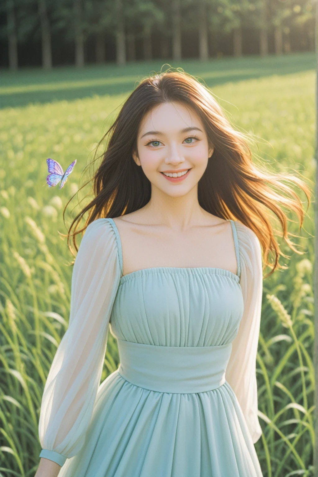 In this masterpiece of the highest quality, captured in 8K ultra-high resolution, the scene unfolds on a green meadow. A gentle goddess steps gracefully onto the scene, her upper body captured in a dynamic pose, radiating an ethereal beauty. She is adorned in a flowing white dress, which dances lightly in the gentle breeze.

The sun’s rays filter through the leaves, casting dappled light on her hair and highlighting her clear, beautiful eyes and gentle smile. Around her, colorful butterflies flutter, and flowers bloom at her feet, as if nature itself is celebrating her presence. The scene is imbued with real light and shadow, achieved through cinema lenses, creating a vivid and lifelike depiction of this serene and enchanting moment.