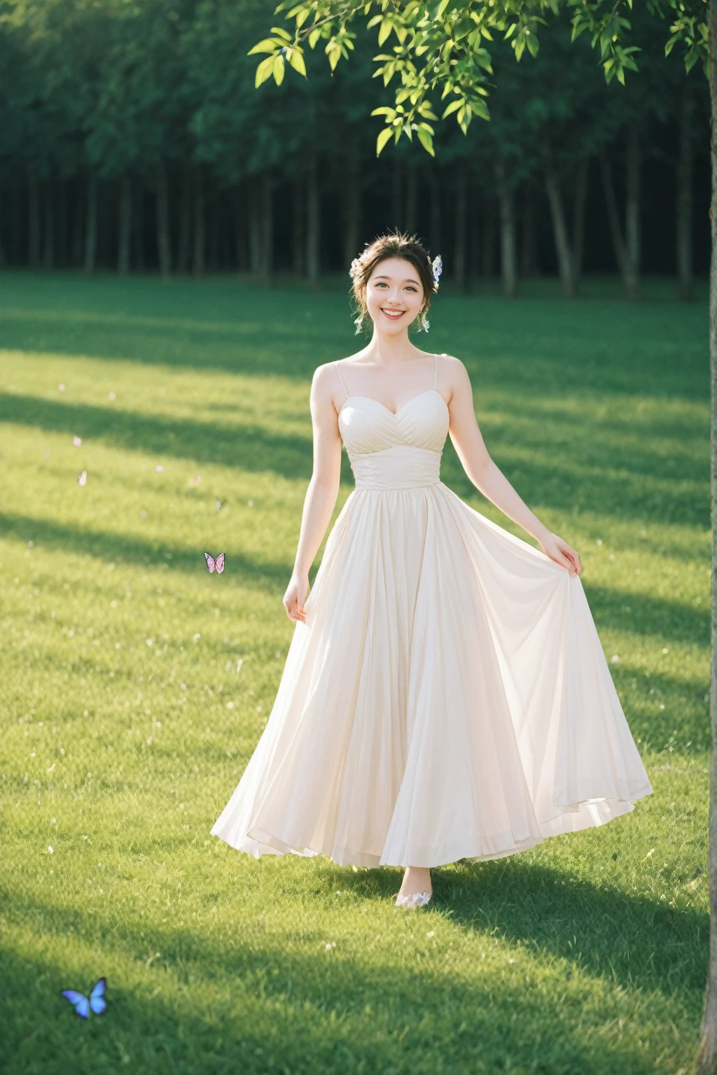 In this masterpiece of the highest quality, captured in 8K ultra-high resolution, the scene unfolds on a green meadow. A gentle goddess steps gracefully onto the scene, her upper body captured in a dynamic pose, radiating an ethereal beauty. She is adorned in a flowing white dress, which dances lightly in the gentle breeze.
The sun’s rays filter through the leaves, casting dappled light on her hair and highlighting her clear, beautiful eyes and gentle smile. Around her, colorful butterflies flutter, and flowers bloom at her feet, as if nature itself is celebrating her presence. The scene is imbued with real light and shadow, achieved through cinema lenses, creating a vivid and lifelike depiction of this serene and enchanting moment.