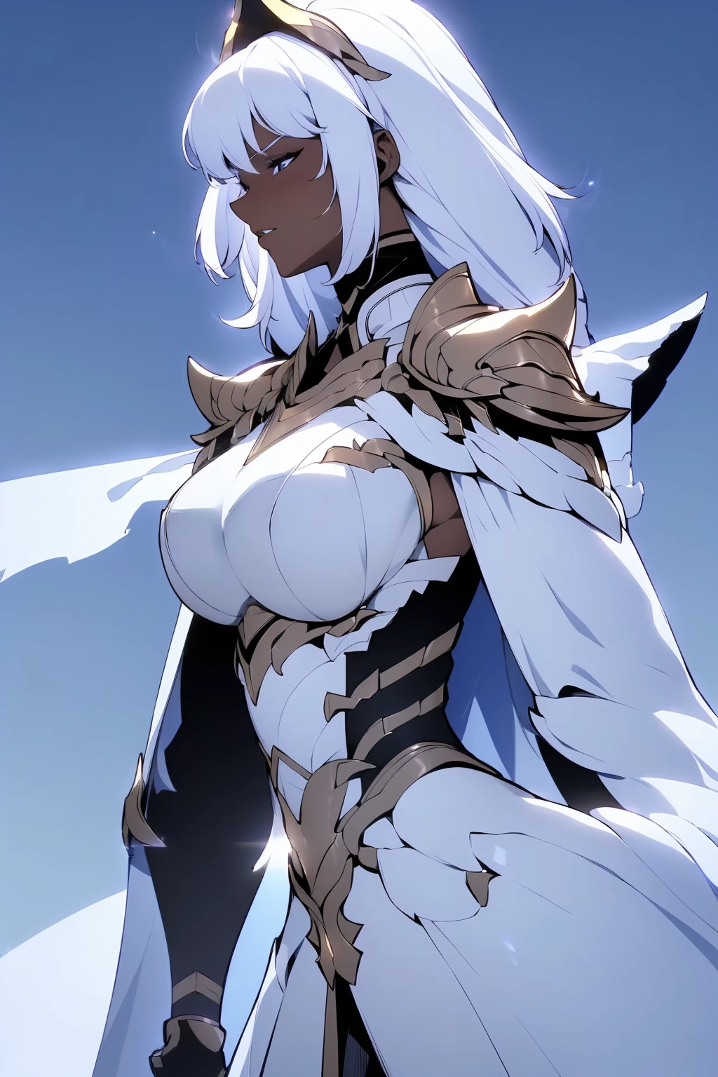 detailed gorgeous woman with dark skin, huge breasts, white hair, wearing full black armor, perfect anatomy, (best quality,4k,8k,highres,masterpiece:1.2),ultra-detailed,(realistic,photorealistic,photo-realistic:1.37),space background, dramatic lighting, cinematic, hyper realistic