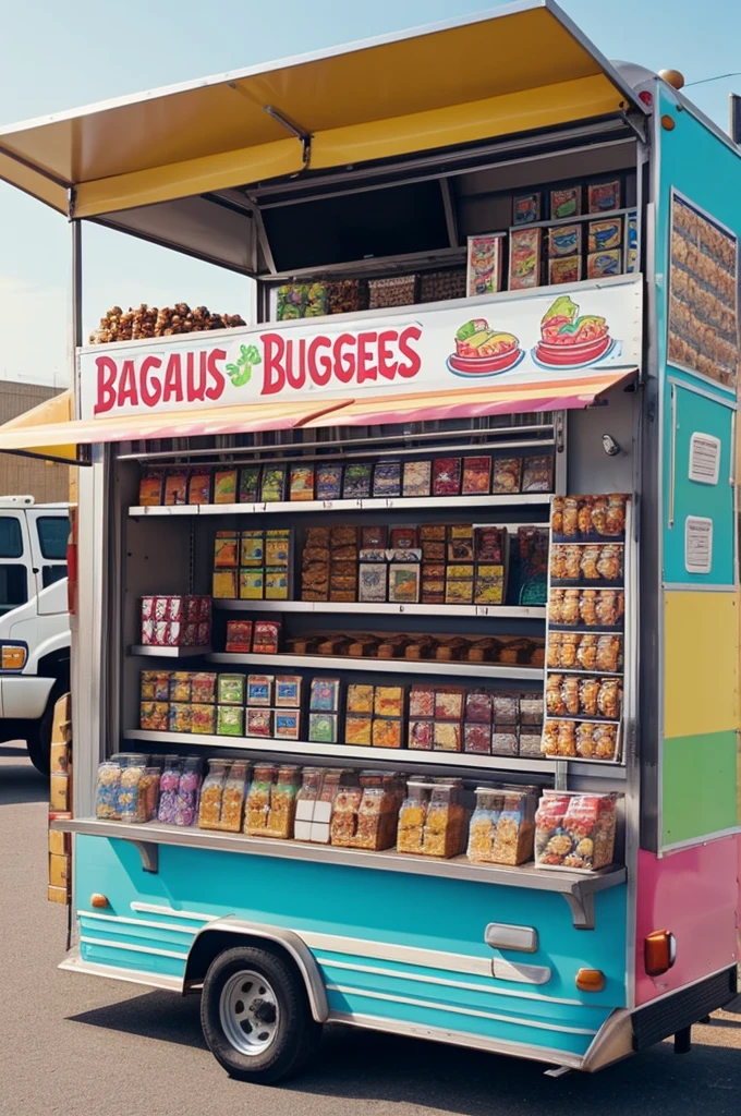 Generate an image of a business idea: It is a food truck that sells pancakes and nuts and a variety of sweets, Next to the food truck you place a space with dispensers with the sweets, and on the other side a mobile store that sells all kinds of accessories and t-shirts alluding to the project and biblical messages., the whole business is called SugarBless