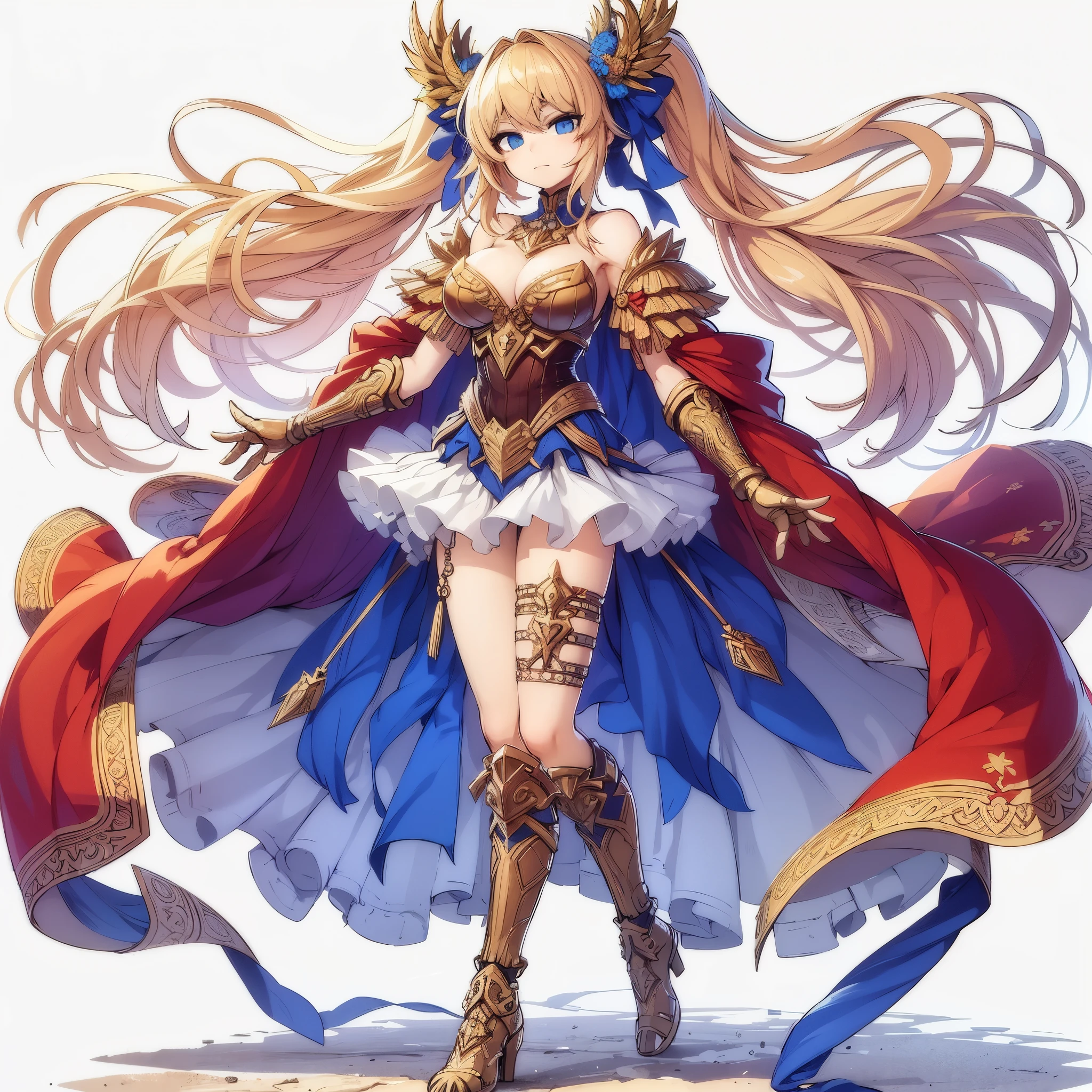 (masterpiece, Best Quality), (detailed hairs), Ultra-detailed, Anime style, Full body, Solo, Rome style girl, blonde hair and blue eyes, laurel crown, wearing gold splendid gauntlet, standing on battle ground, blue wrestler costume, folded arms, velvet scarlet Mant fluttering in the wind, wearing long boots, ultra-massive, tall stylish, VERY MASSIVE. Muscular but feminine body shape, White background, standing full length,
