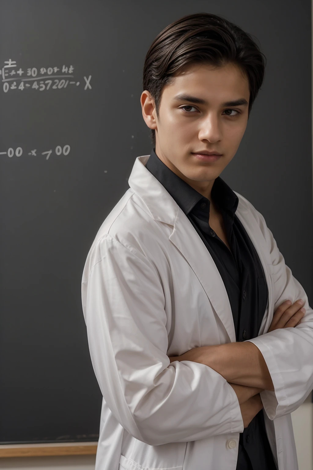 A young genius philosopher, a beautiful male, with black hair, wearing luxurious clothes for scientists, and he is in his scientific office, and behind him is a blackboard with mathematics written on it, including mathematical equations of differentiation and integration, and he looks on with pride.