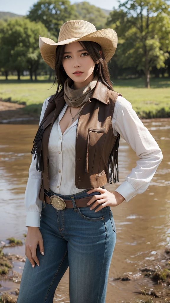 Portrait of a beautiful woman on a muddy farm:1.2 , Cowboy hat, Fringe Vest , pants, scarf , trust , Medium Chest,