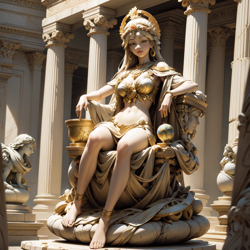 Creating an 8K UHD digital image of the majestic Hera Marbles. The sculpture shows Hera's majesty and majestic expression., (Dark),((Obsidian statue))Sculpt your hair into elaborate hairstyles. She wears a majestic marble cloak and wields the Sword of Zeus. Zeus' The sword is made of heavenly gold,Emits a golden glow, The blade bears a sacred inscription,sparkling. The hilt is decorated with small rays and lightning., It symbolizes his supreme power. Electric sparks dance around the sculpture, Emphasizes His Rule over Heaven. knight'The dormitory is luxurious, It has a four-poster bed.,Furnished with blue and gold velvet curtains. The floor is covered with gorgeous carpets, Fireplace makes the environment warm. Elegant furniture and large windows,Enjoy the stunning views. The image should capture the tranquility and comfort of the bedroom, destacando a escultura de Hera e a Espada de Zeus.