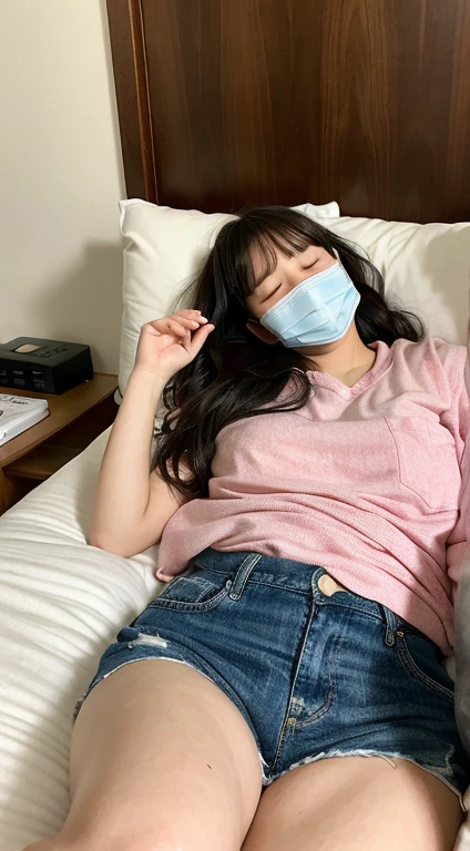 Girl with a vibrator,vibratorを咥える、スリムなjunior high school student with too big, , sleeping on bed, plump, closing eyes, falling down, yawning, excitement, mask,