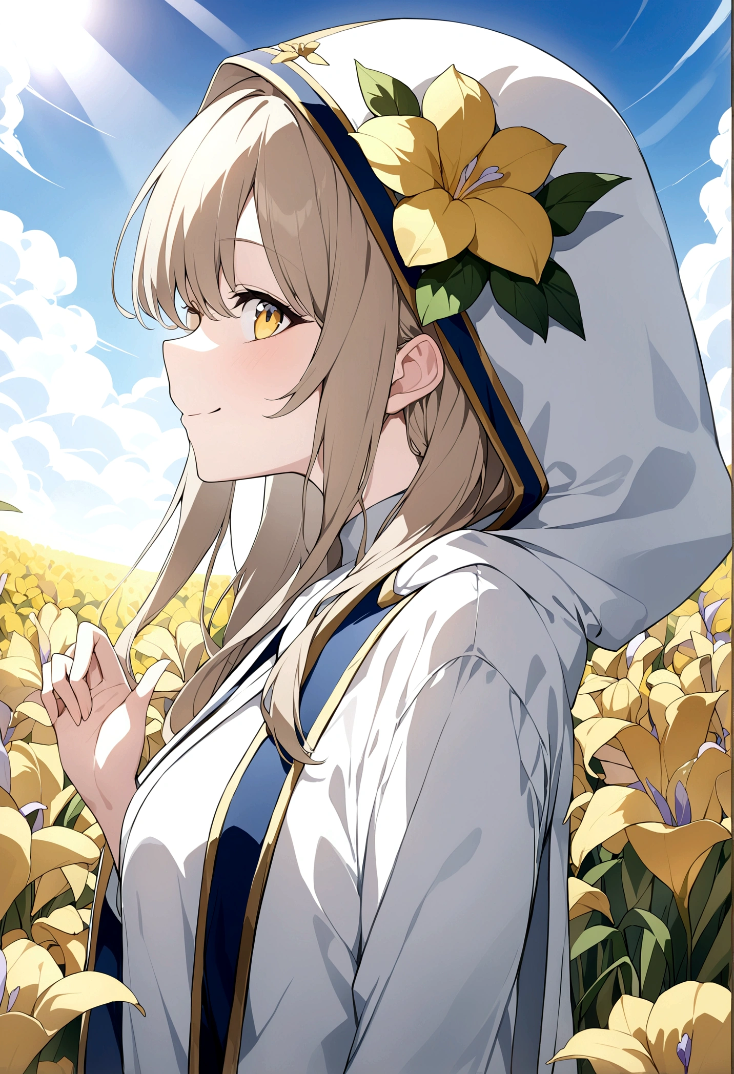 (masterpiece, 32k, 8k) a  girl, (looking at the sky with her hand stretched high), (profile angle), priestess's coat, hood over her head, light brown hair, eyes colored like a bow -iris, (beautiful and heavenly face, cheerful smile 1.5), sunny sky, sunlight effect on the character, (golden flower field background)