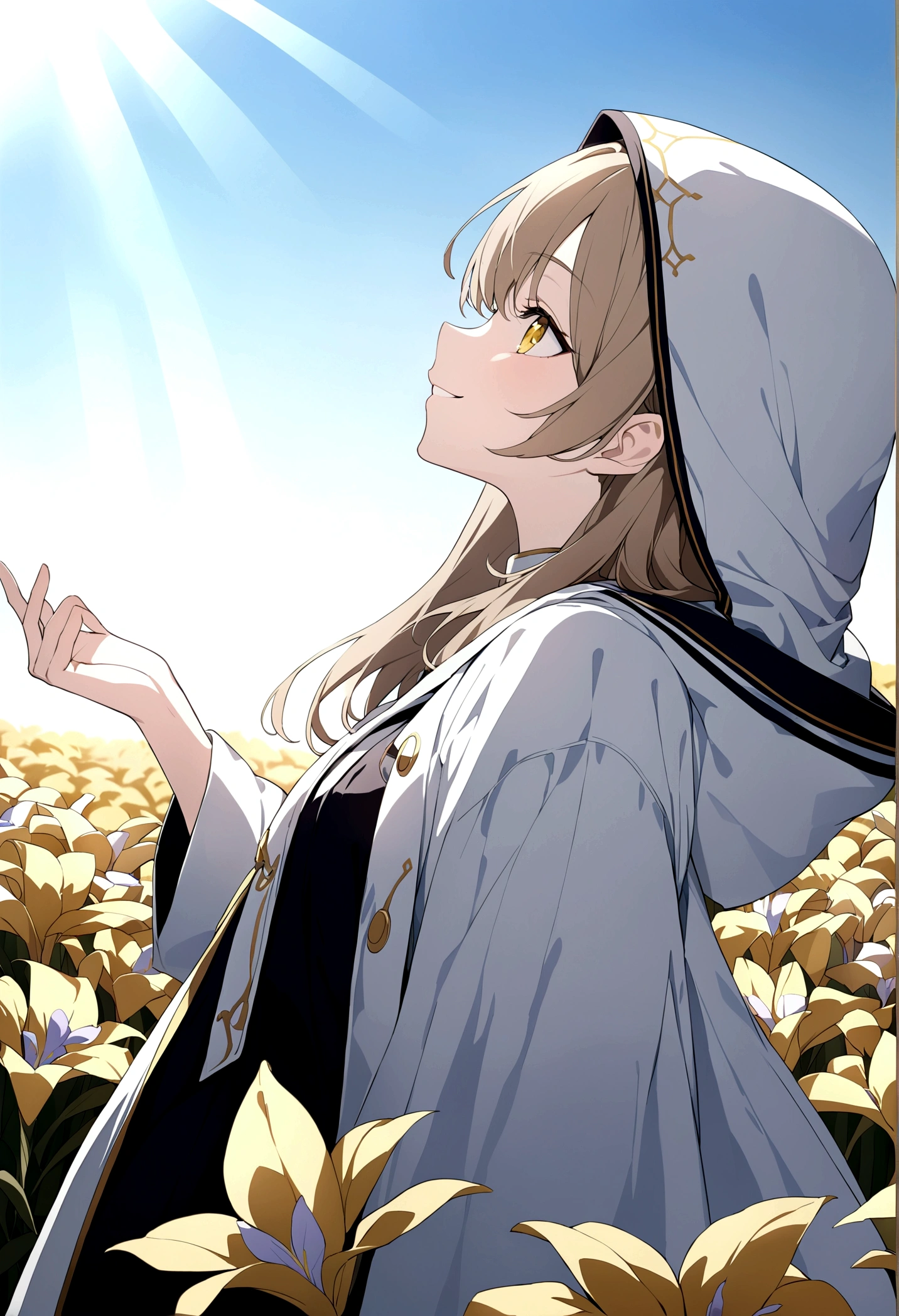 (masterpiece, 32k, 8k) a  girl, (looking at the sky with her hand stretched high), (profile angle), priestess's coat, hood over her head, light brown hair, eyes colored like a bow -iris, (beautiful and heavenly face, cheerful smile 1.5), sunny sky, sunlight effect on the character, (golden flower field background)