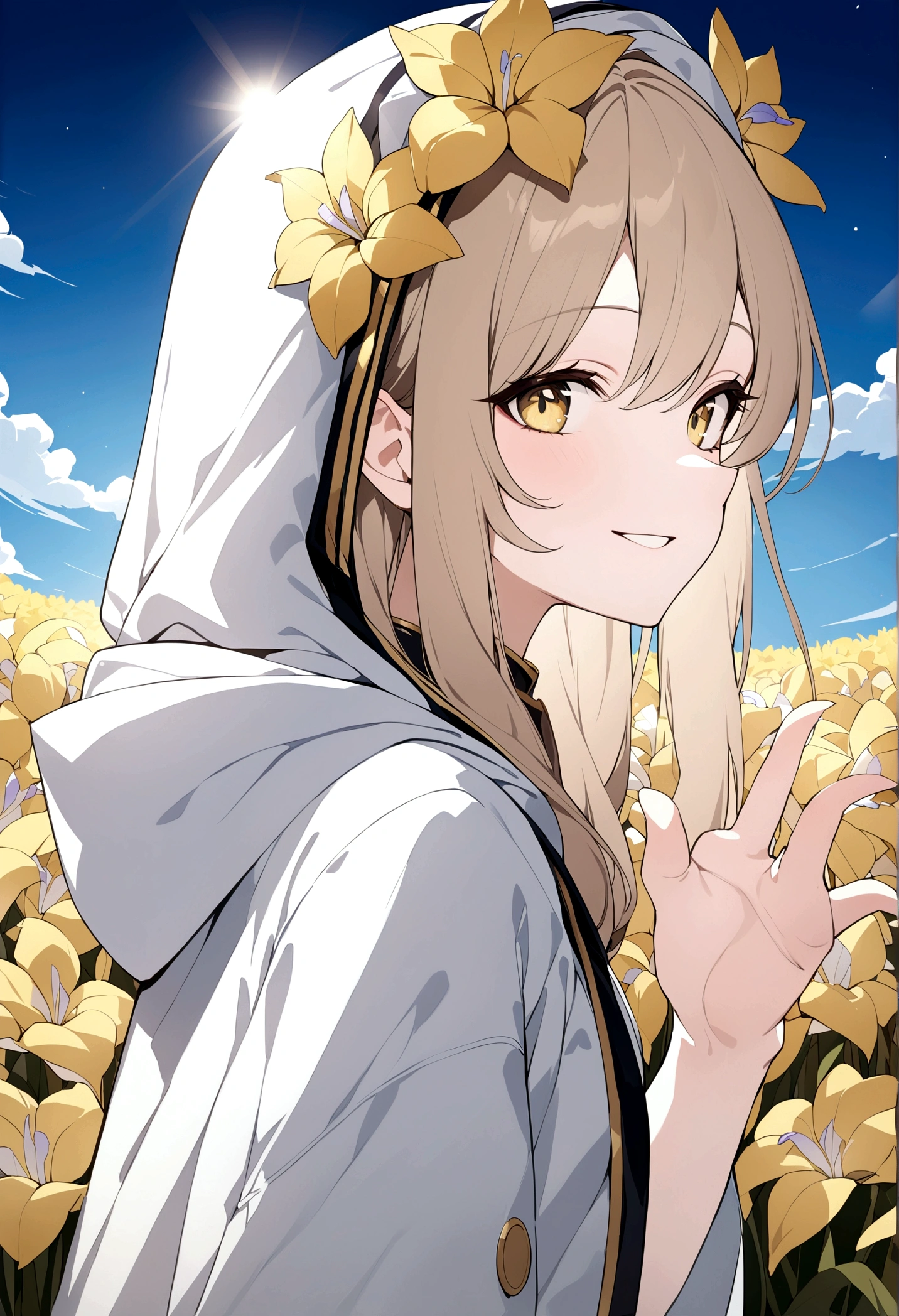 (masterpiece, 32k, 8k) a 17 year old girl, (looking at the sky with her hand stretched high), (profile angle), priestess's coat, hood over her head, light brown hair, eyes colored like a bow -iris, (beautiful and heavenly face, cheerful smile 1.5), sunny sky, sunlight effect on the character, (golden flower field background)