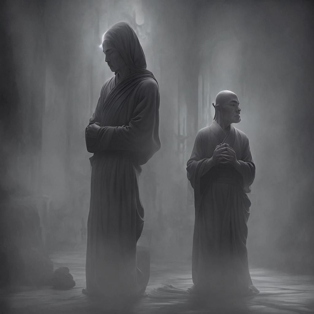 man Monk in robe prays in lotus pose, by Fang Congyi, fantasy art, (dark atmosphere:1.5), cinematic, intricate, dof、Dark atmosphere、Cinematic
