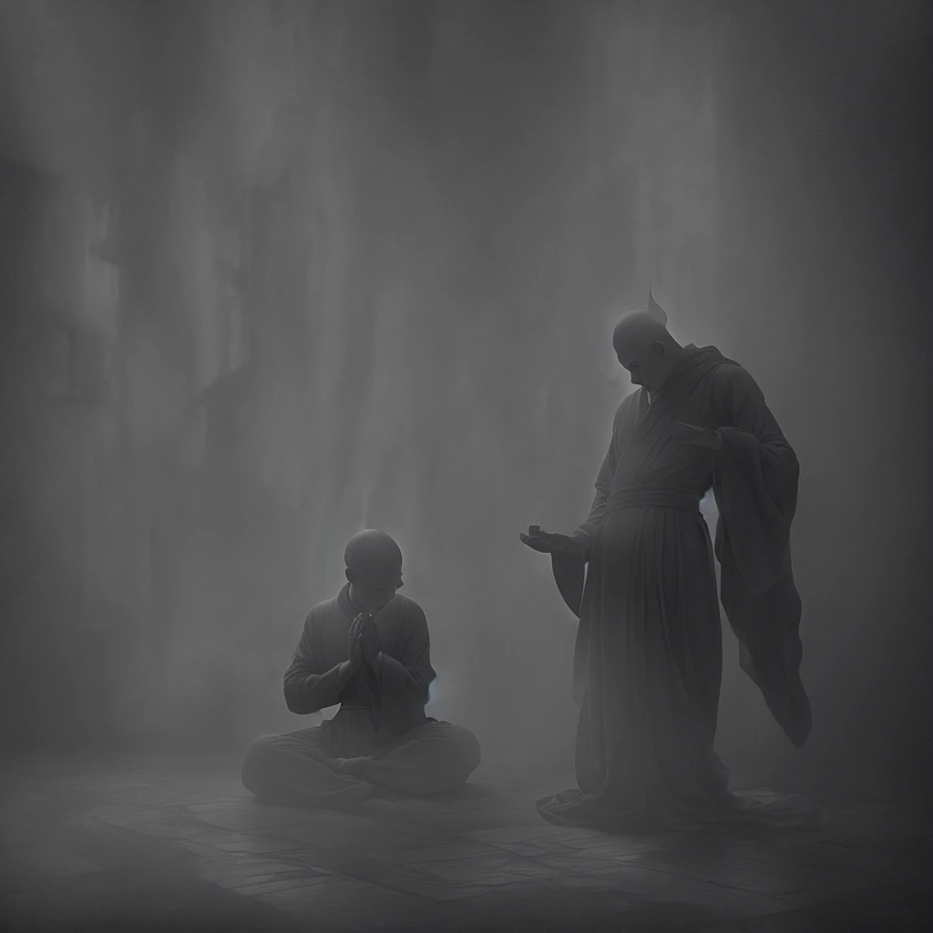 man Monk in robe prays in lotus pose, by Fang Congyi, fantasy art, (dark atmosphere:1.5), cinematic, intricate, dof、Dark atmosphere、Cinematic