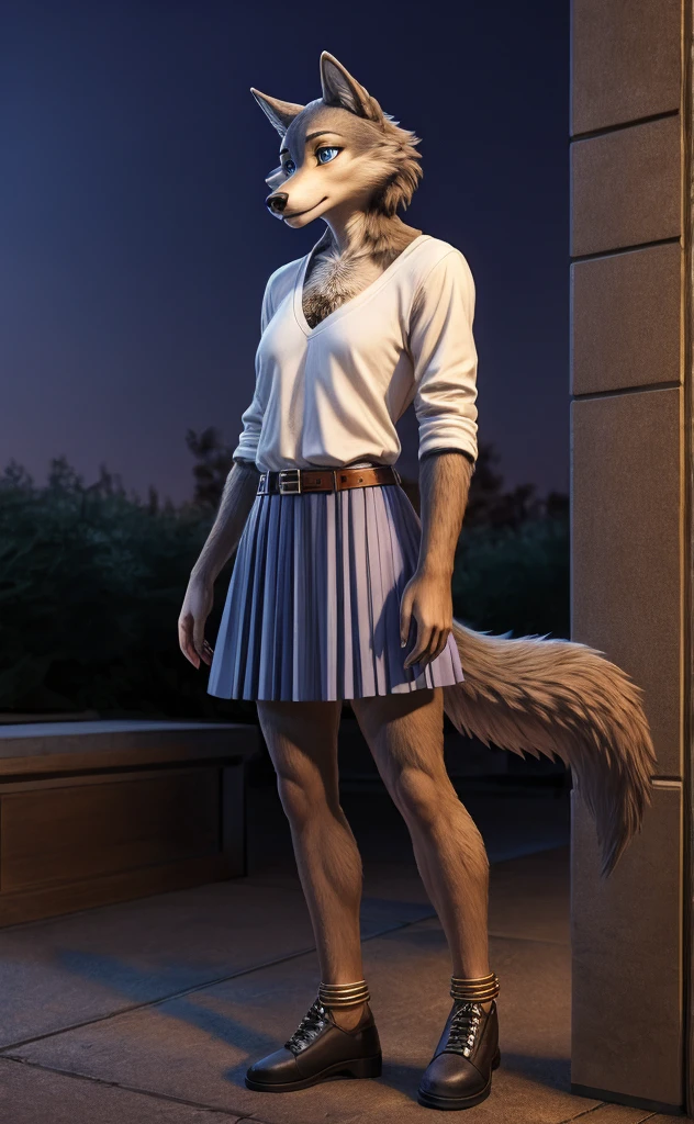 Juno is a gray wolf with curled brown fur and blue eyes. She is wearing her a long pleated white skirt decorated with two light blue horizontal lines near the hem, a thin tan belt, white anklet socks, and black Mary Jane shoes. anthro wolf, female, adult, brown fur, buffed body, tail, sexy, beefy body, furred body, furry chest hair, realistic, full body, photorealistic, ultra realistic, 8k, night, bare-chested, in back turned posing