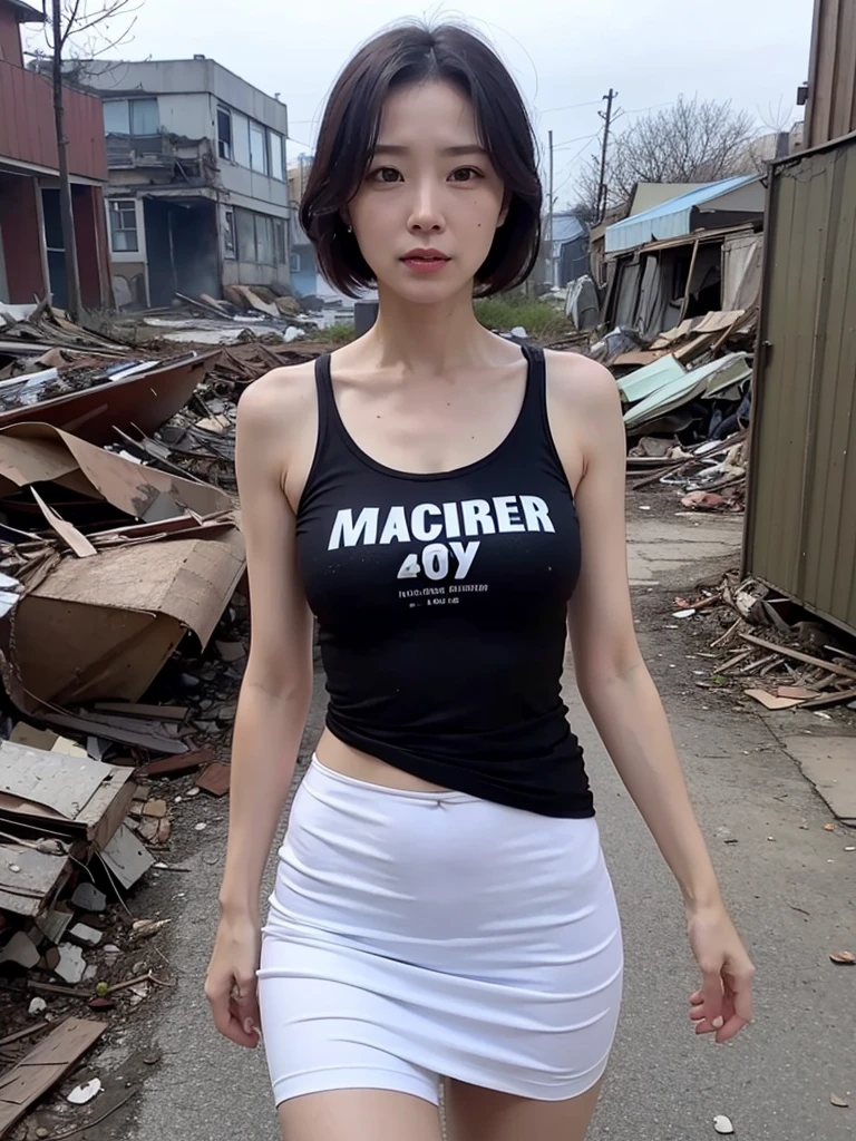 Sexy mother 45 years old, t-shirts, outside, post apocalypse scene, scavenger