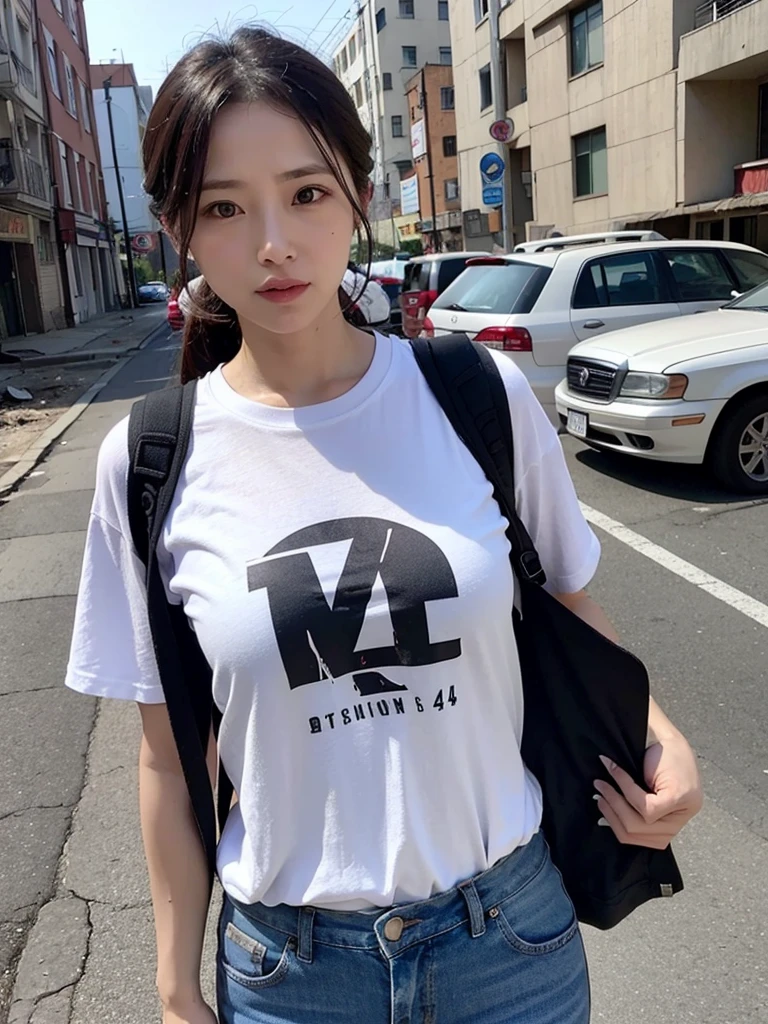 Sexy mother 45 years old, t-shirts, outside, post apocalypse scene, scavenger