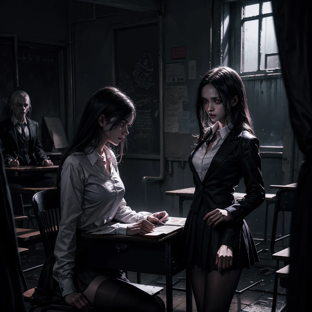 a gloomy dilapidated classroom, undead male and female students, demonic teacher in white blouse and black miniskirt, detailed creepy faces, horror atmosphere, dark colors, dramatic lighting, cinematic composition, highly detailed, 8k, photorealistic, concept art style