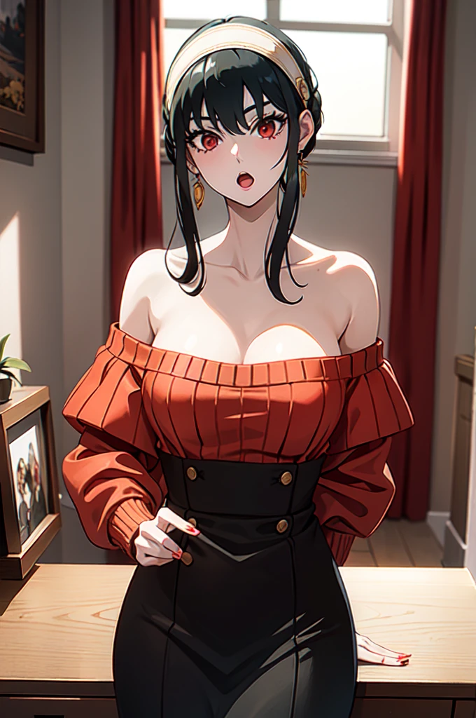 masterpiece, yor, 1girl, solo, looking at viewer, open mouth, black hair, red eyes, dress, bare shoulders, jewelry, collarbone, sidelocks, hairband, earrings, indoors, off shoulder, :o, sweater, arms behind back, plant, short hair with long locks, white hairband, off-shoulder dress, sweater dress, off-shoulder sweater, red sweater, big side hair, very long side hair,