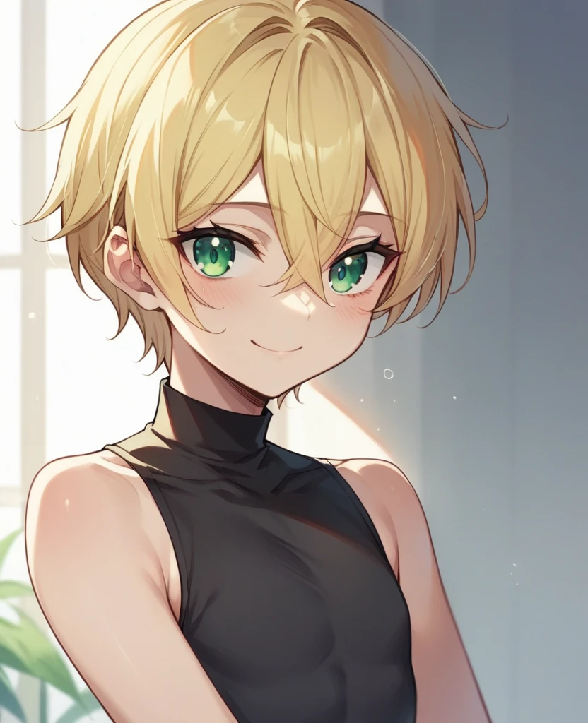 （One girl）、((short hair))、((Blonde))、（Sato Air）、((boyish))、Crossdresser、((flat chest))、green eyes、Fantasy、Black shirt、Black sleeveless、((hairs between eyes))、light smile