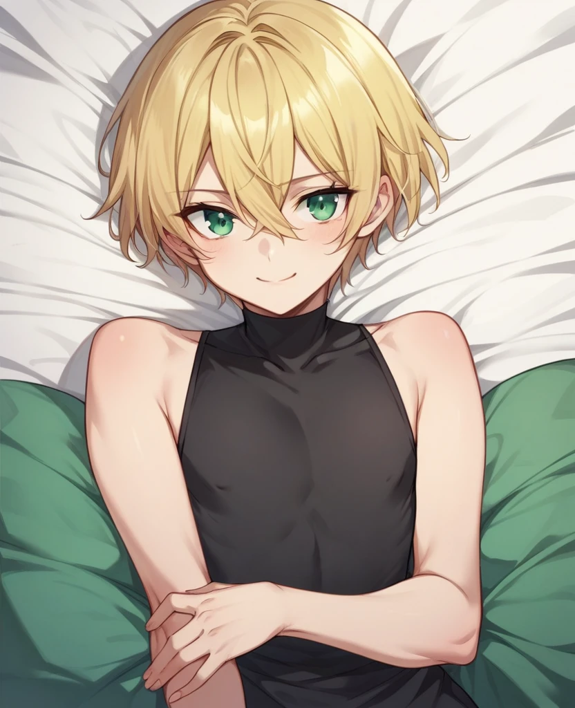 (One girl)、((short hair))、((Blonde))、(Sato Air)、((boyish))、Crossdresser、((flat chest))、green eyes、Fantasy、Black shirt、Black sleeveless、((hairs between eyes))、light smile
