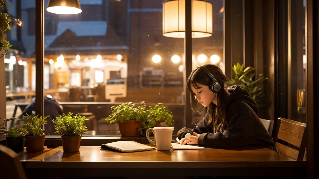 「A cozy corner of a cafe at night with a big window showing city lights. Inside, a young woman in a hoodie sits at a wooden table scribbling in a notebook, wearing large headphones. Warm yellow lighting, steam rising from a coffee cup, and a calm, relaxed atmosphere. Background details include small plants, books, and artworks.」