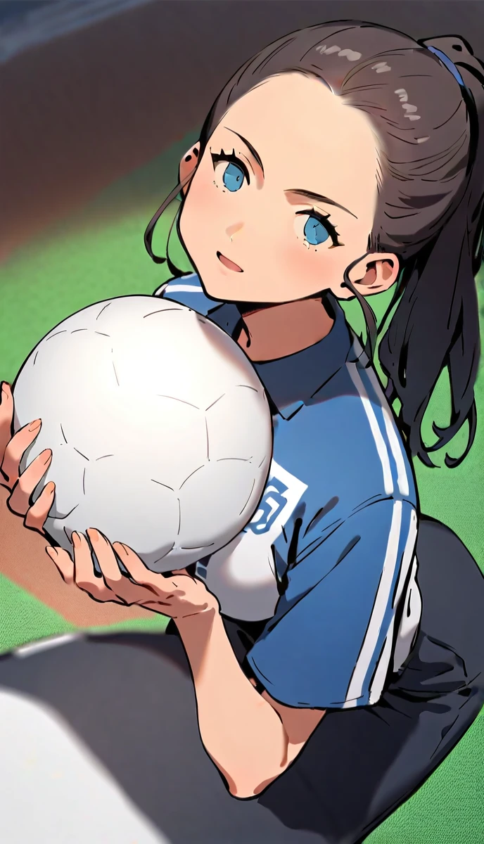 (anime)Women,soccer player,black fur,wide,fringe,collected in a ponytail,clear skin,Light blue eyes,France national team clothing, In a soccer field.