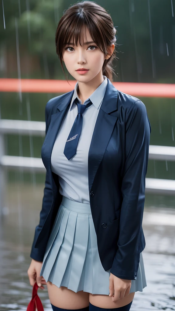 (masterpiece:1.2, Highest quality), (Realistic, photoRealistic:1.4), Beautiful illustrations, (Natural Side Lighting, Cinema Lighting),
View your viewers, Cowboy Shot, Front view, close, 1 Girl, Japanese, high school girl, Perfect Face, Cute and symmetrical face, Shiny skin,
(Mid-length hair:1.5, Side Pobby Tail:1.6, Light brown hair), Hairline, Asymmetrical bangs, blue eyes, Long eyelashes, (Large Breasts:0.9, Thick thighs),
Beautiful Hair, Beautiful Face, Beautiful attention to detail, Beautiful clavicle, Beautiful body, 美しいLarge Breasts, Beautiful thighs, Beautiful feet, Beautiful fingers,
((Navy Blazer, Light blue collared shirt, Navy pleated mini skirt, socks, Red ribbon tie)), Pink Panties,
(Beautiful views), (((evening), rain:1.8, rainy, Wet body)), Cityscape, curtain, walking, Place your hand on your chest, (Tears in my eyes, Upward glance),