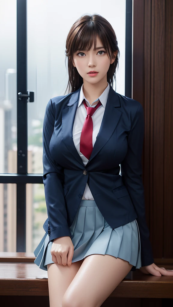 (masterpiece:1.2, Highest quality), (Realistic, photoRealistic:1.4), Beautiful illustrations, (Natural Side Lighting, Cinema Lighting),
View your viewers, Cowboy Shot, Front view, close, 1 Girl, Japanese, high school girl, Perfect Face, Cute and symmetrical face, Shiny skin,
(Mid-length hair:1.5, Side Pobby Tail:1.6, Light brown hair), Hairline, Asymmetrical bangs, blue eyes, Long eyelashes, (Large Breasts:0.9, Thick thighs),
Beautiful Hair, Beautiful Face, Beautiful attention to detail, Beautiful clavicle, Beautiful body, 美しいLarge Breasts, Beautiful thighs, Beautiful feet, Beautiful fingers,
((Navy Blazer, Light blue collared shirt, Navy pleated mini skirt, socks, Red ribbon tie)), Pink Panties,
(Beautiful views), (((evening), rain:1.8, rainy, Wet body)), Cityscape, curtain, walking, Place your hand on your chest, (Tears in my eyes, Upward glance),