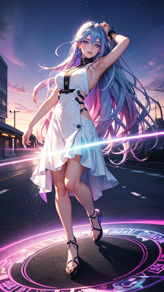 1 girl, 20 year old girl, one person, (Silver blue hair streaked pink purple:1.4), (Gradient sky blue hair ends:1.6), hair strand, absurdly long hair, single sidelock, wavy hair, shiny hair, floating hair, (Illusion deep purple eyes), delicate eyes, aqua eyes, High like real eyes, ((glowing eyes)), makeup, Focus on face, Very detailed facial, hot body, Random environment, Random pose, on the street, looking at the starry night sky, meteor, Technical clothing masterpiece, White extra long skirt, several cross stars beside, Colored lights swirl around the body, (((Extra super huge colorful extra super complex multiple glowing magic circle upright on the back of the head))), cyberpunk, full body shot, realism, chiaroscuro, (glowing light), sparkle, ray tracing, cinematic lighting, Futurism, motion blur, Ultra-Wide Angle, god rays, atmospheric perspective, best quality, UHD, super detail, masterpiece, highres, ccurate, retina
