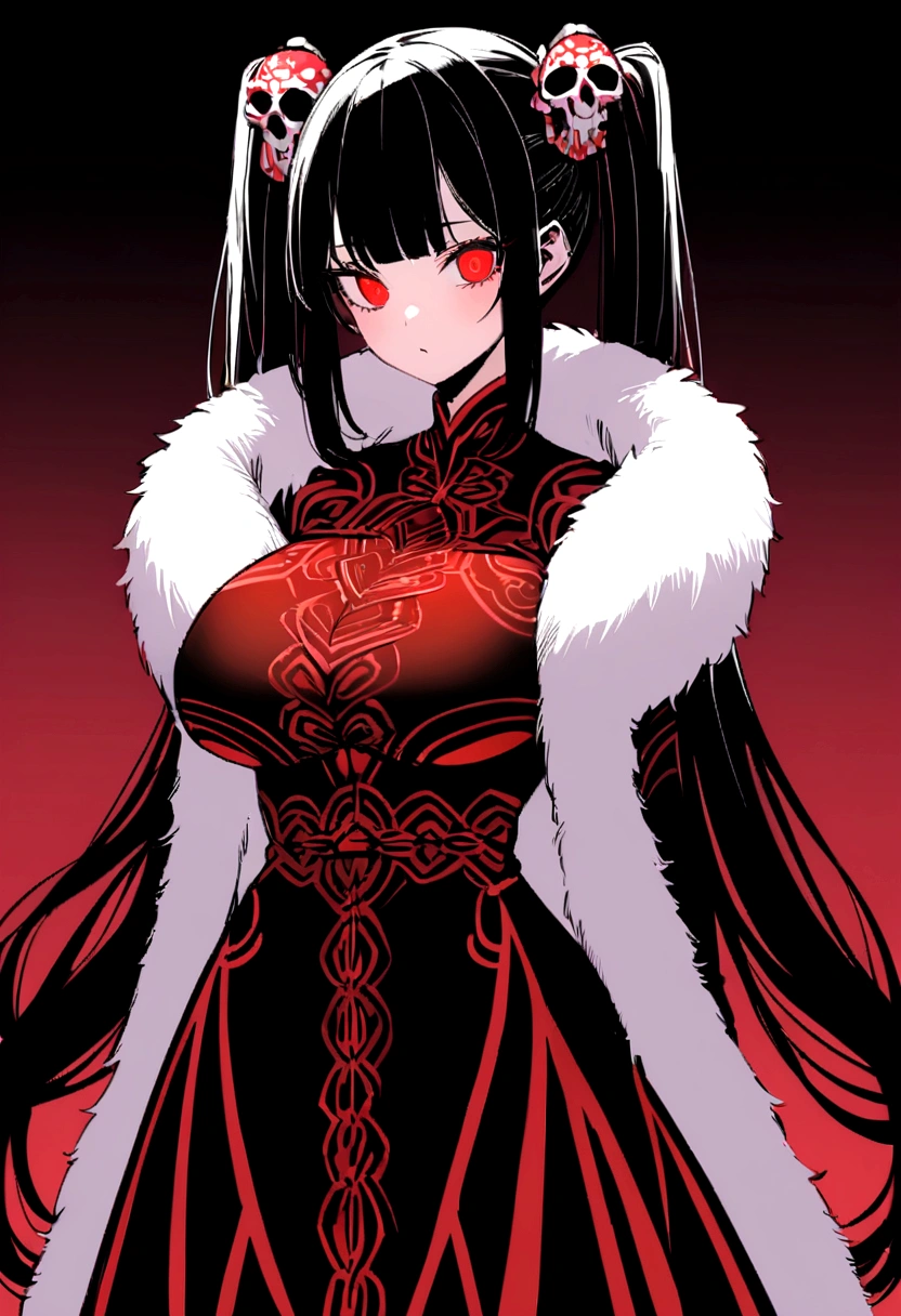 Female with large bust size, has a long black hair tied in twintails with bangs. She is wearing long pattern dress with fur shawl around her body. She has crimson glaze and sharp eyes. She used small skull as her hair accessories