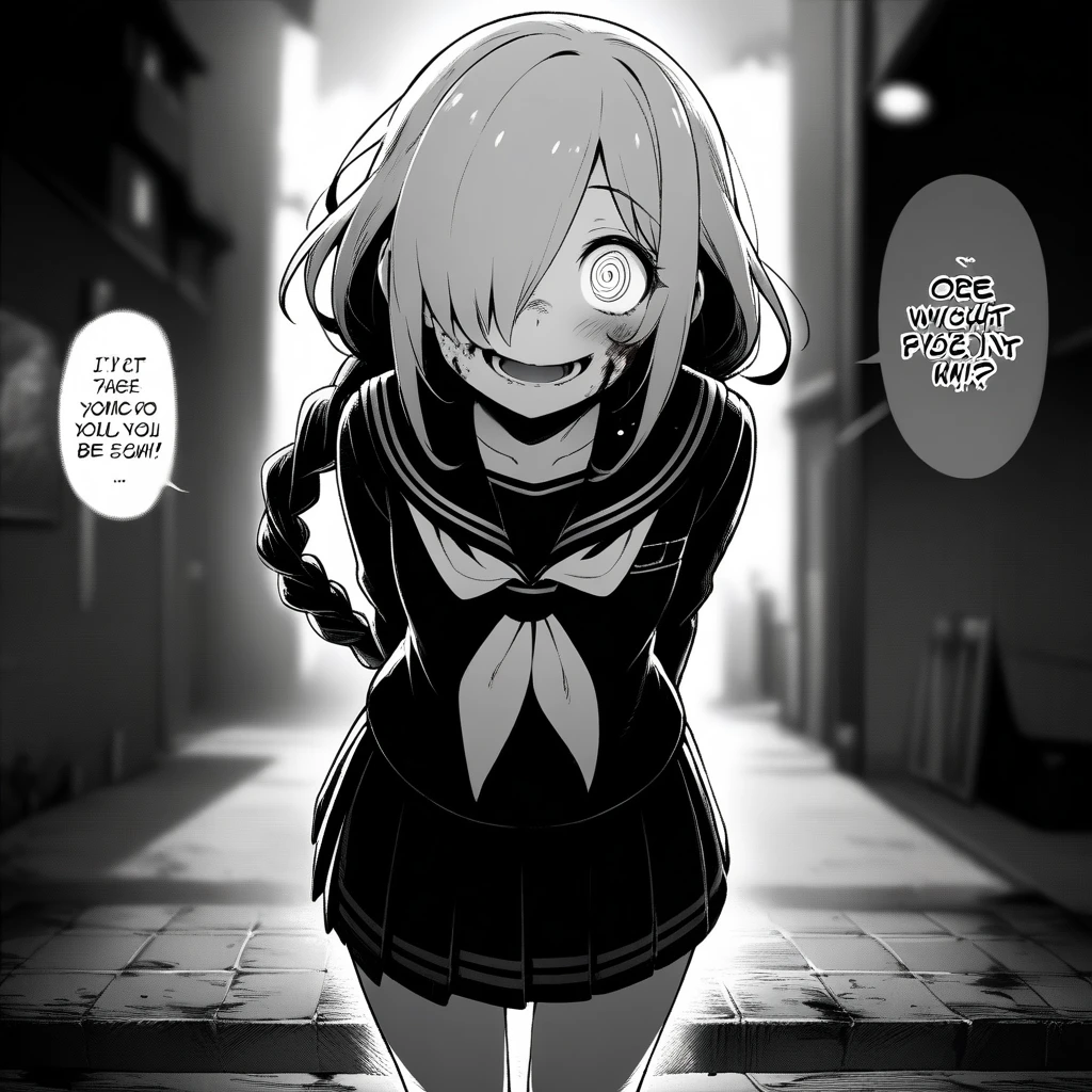 1girl, kousei \(public planet\), absurdres, official art, arms behind back, backlighting, blood, blood on face, blood splatter, blouse, blurry, blurry background, blush, braid, braided ponytail, collarbone, comic, cowboy shot, crazy eyes, crazy smile, depth of field, english text, eyelashes, fisheye, greyscale, hair over one eye, hatching (texture), leaning, leaning forward, linear hatching, long hair, long sleeves, looking at viewer, lower teeth only, miniskirt, monochrome, neckerchief, night, one eye covered, open mouth, outdoors, pleated skirt, pov peephole, ringed eyes, sailor collar, , serafuku, shadow, shirt, side braid, sidelocks, single braid, skirt, smile, solo, speech bubble, standing, straight-on, teeth, yandere, ((very aesthetic, best quality, ultra detailed))