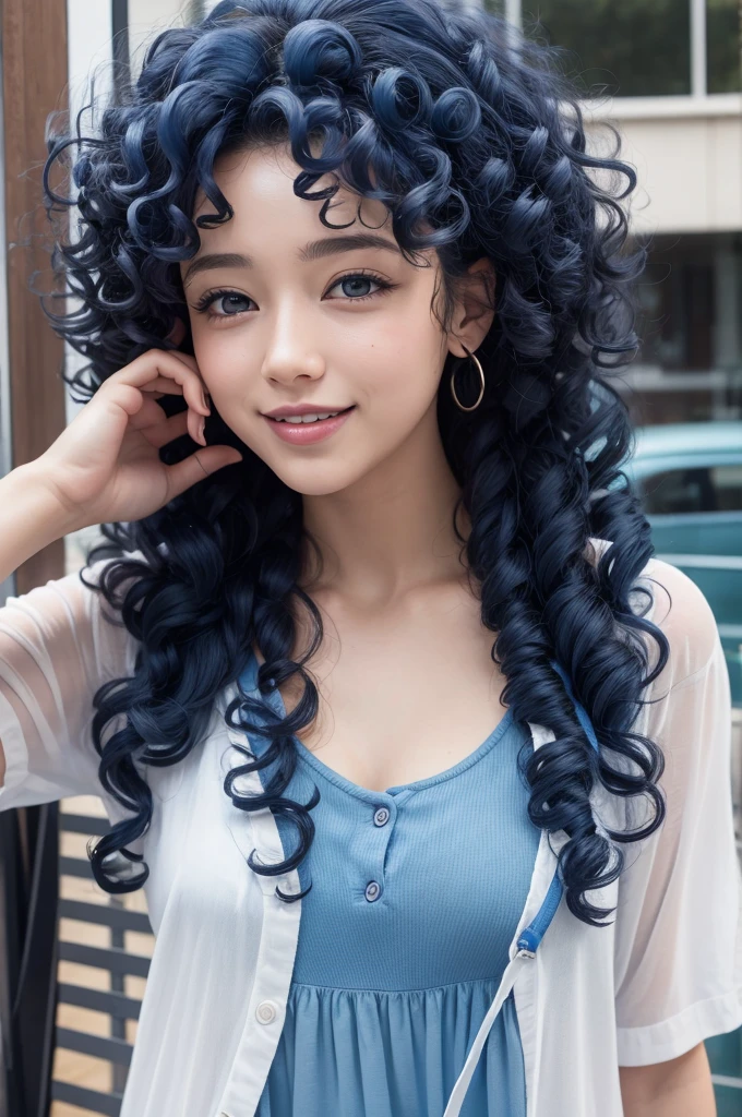 An emotion of blue curly-headed playfully holds a cellphone 
