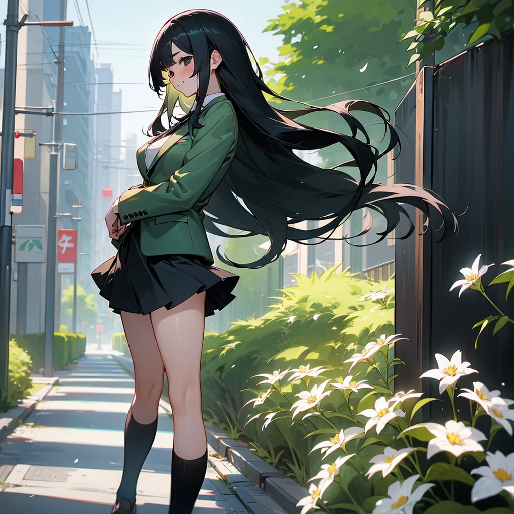 1female, young teen, big breast, finely detailed black eyes, straight long hair, black hair color, pale green blazer, , short skirt, standing on street, day time, tokyo streets, happy expression, flowers, blushing