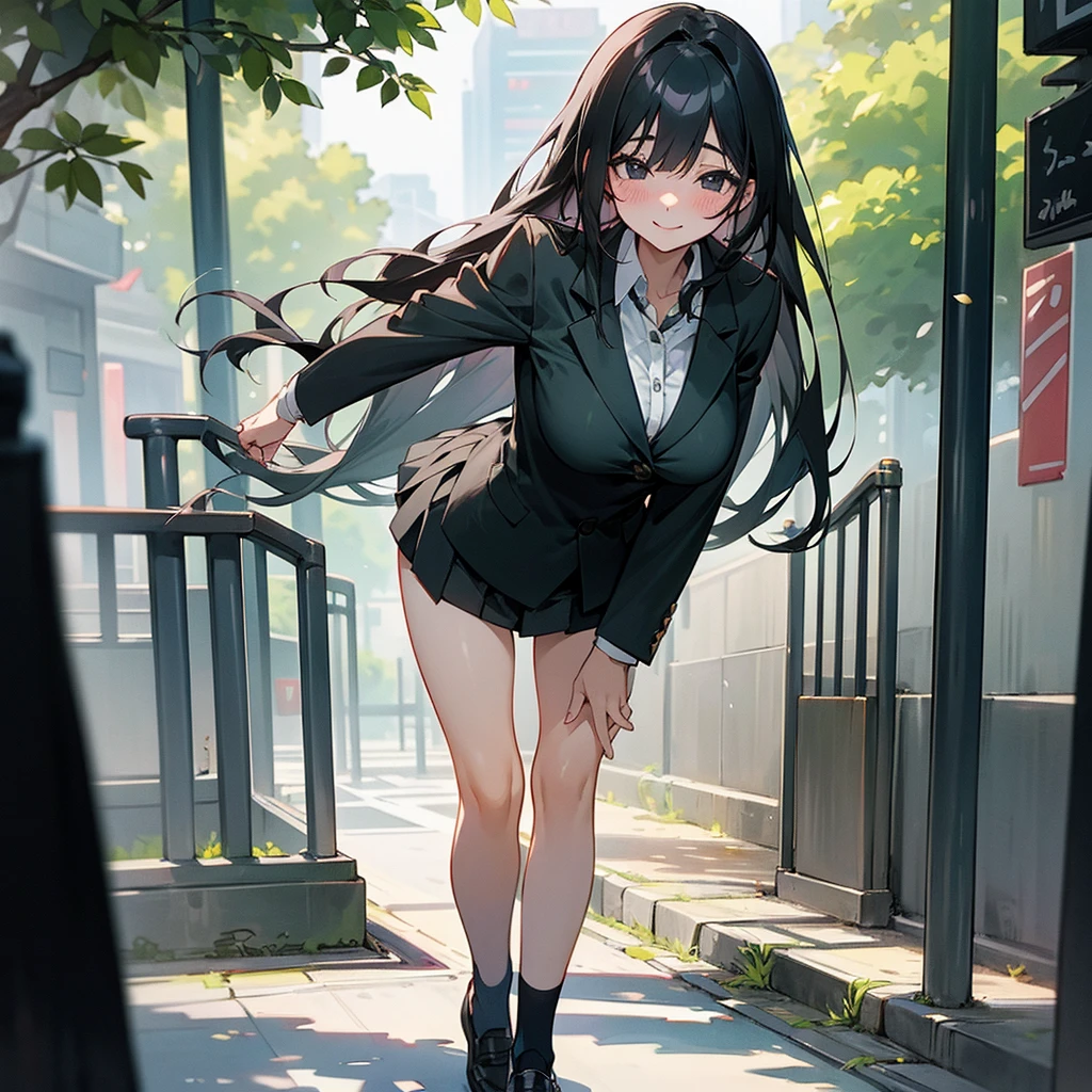1female, young teen, big breast, finely detailed black eyes, straight long hair, black hair color, pale green blazer, , short skirt, standing on street, day time, tokyo streets, happy expression, flowers, blushing