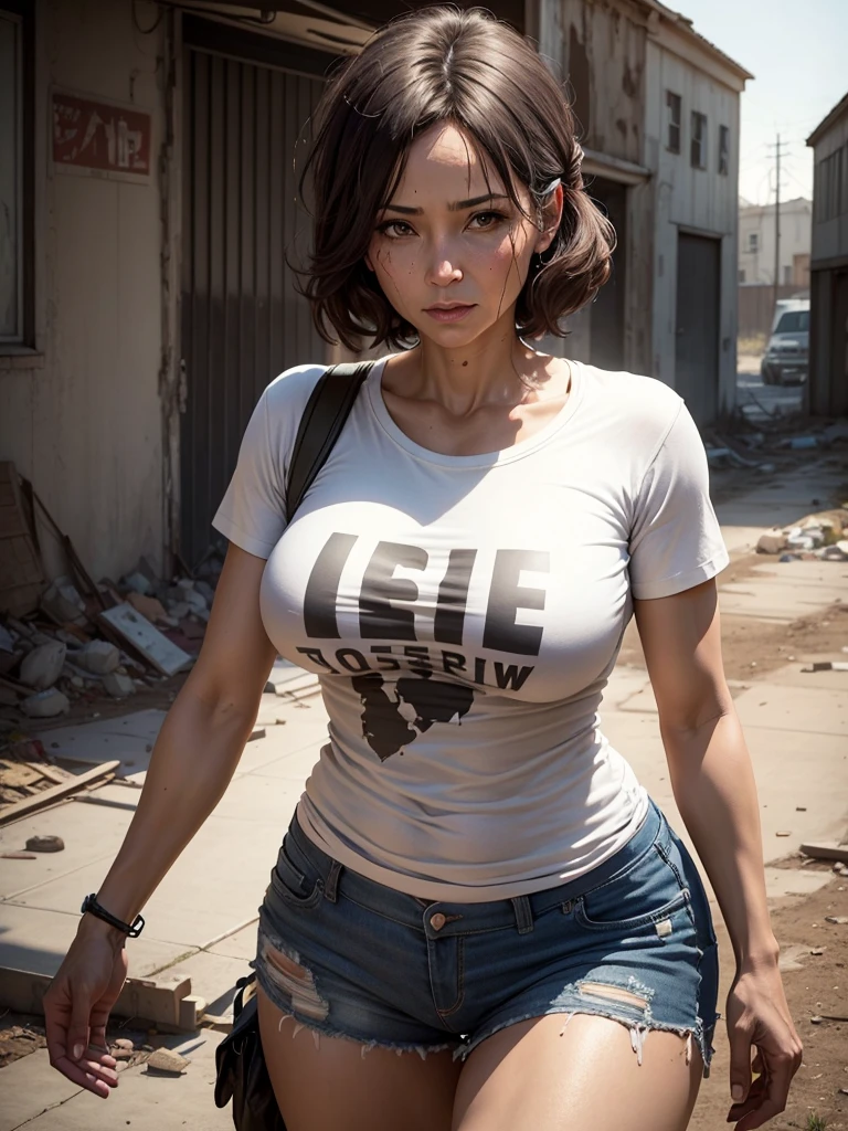 Sexy mother 45 years old, t-shirts, outside, post apocalypse scene, scavenger